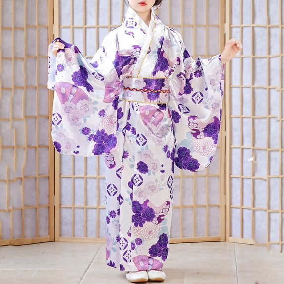 Girls Dresses Floral Print Kimono Robe Long Sleeve V Neck Dress with Obi Belt Party 2 Piece Girls Dress Purple 11 Years-12 Years