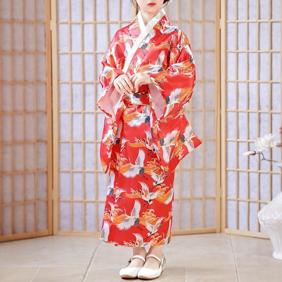 Girls Dresses Floral Print Kimono Robe Long Sleeve V Neck Dress with Obi Belt Party 2 Piece Girls Spring Dress Red2 3 Years-4 Years