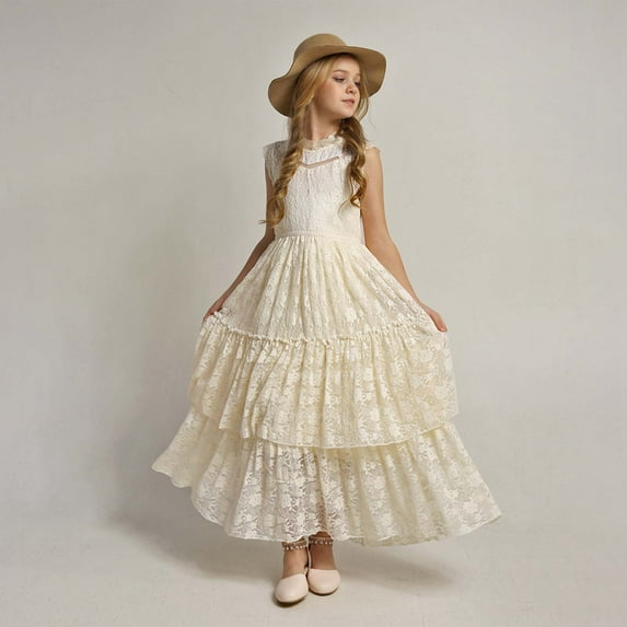 Girls Dresses Flower Girl Dresses for Wedding Sleeveless Tulle Dress Girl Party Dress Kids Beige Dress for Girls Toddler Fancy Dress Baby Girl Birthday Dress 3-4 Years