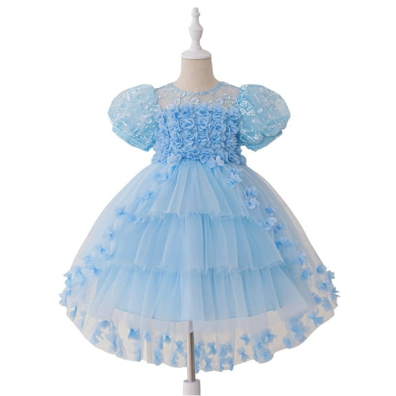 Girls Dresses Flower Lace Tulle Dress Puffy Sleeve Ruffled Layered Gown Toddler Party Wedding Birthday Outfit