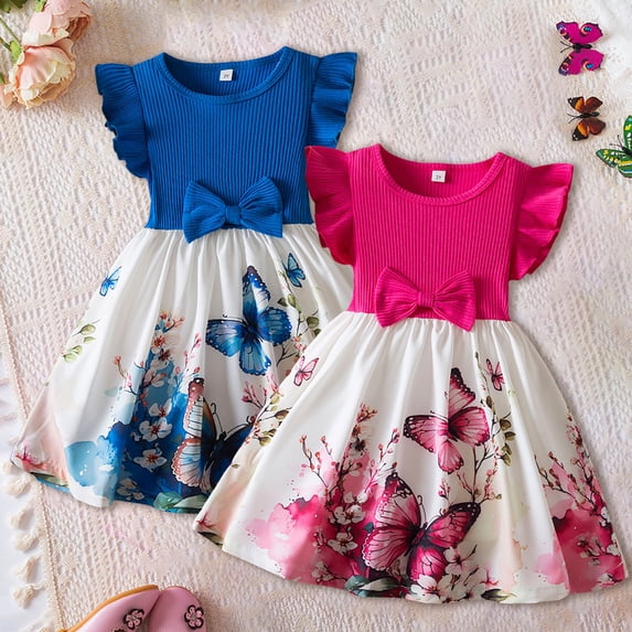 Girls Dresses Flutter Sleeve Butterfly Print Bowknot Party Dress Dress for Girls Pink 6-7 Years