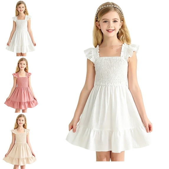 Girls' Dresses Flutter Sleeve Smocked Ruched Casual Swing Dress for Kids Girls 3-4 Years