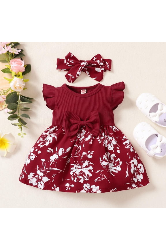 Girls Dresses Fly Sleeve Ribbed Bowknot Ruffles Floral Print Headbands Set Kids Clothes