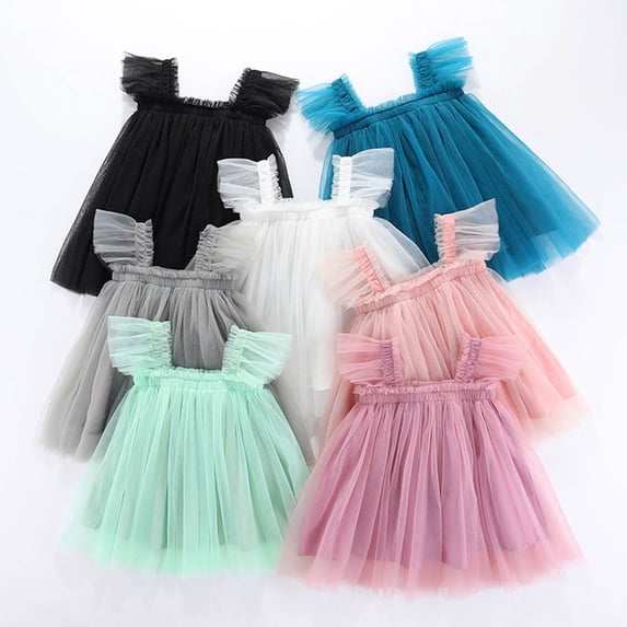 Girls Dresses Fly Sleeve Solid Color Mesh Tutu Dress Casual Summer Girls Summer Dress Mint Green 5-6 Years