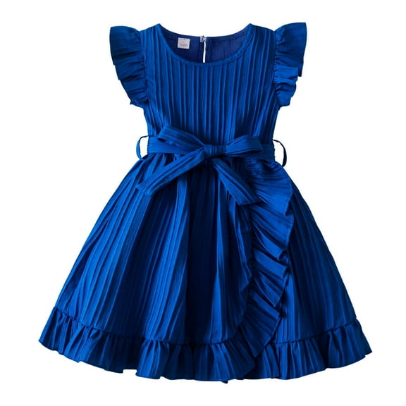 Girls Dresses Fly Sleeve Solid Color Ruffles Bowknot Lace Up Dresses Toddler Dress Blue 2 Years-3 Years