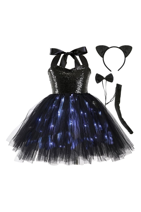 Girls Dresses,Girls Dress Glow In The Dark Illuminating Tutu Skirt Party Outfit for Carnival Celebrations Festive Events Nighttime Gatherings,Holiday Dress,Black1,6-7 Years