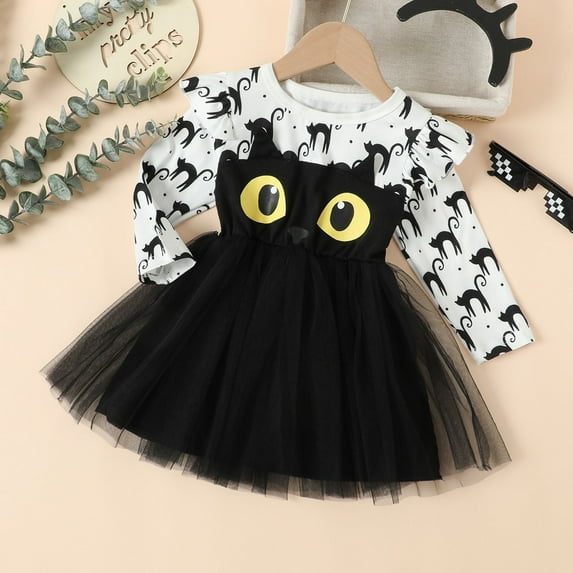 Girls Dresses Girls Dresses Long Sleeve Mesh Cartoon Cat Halloween Suit Party Outfit For Toddler Kids Casual Play Dress White 5-6 Years
