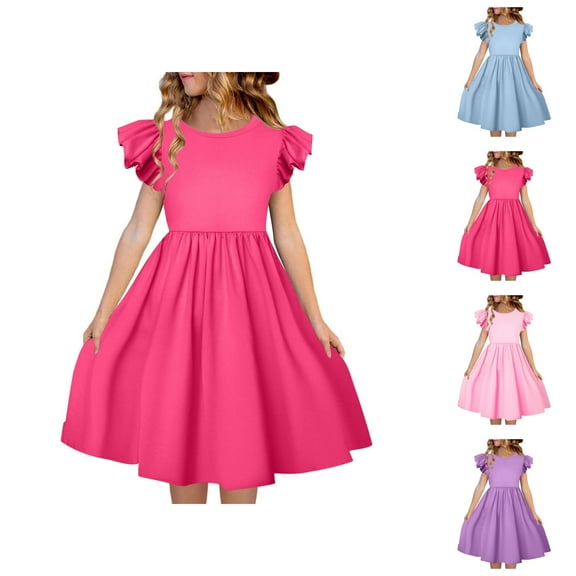 Girls Dresses Girls Formal Dresses Children Kids Girls Fly Sleeve Crew Neck Dresses Kids Summer Ruffle Sleeve Dress