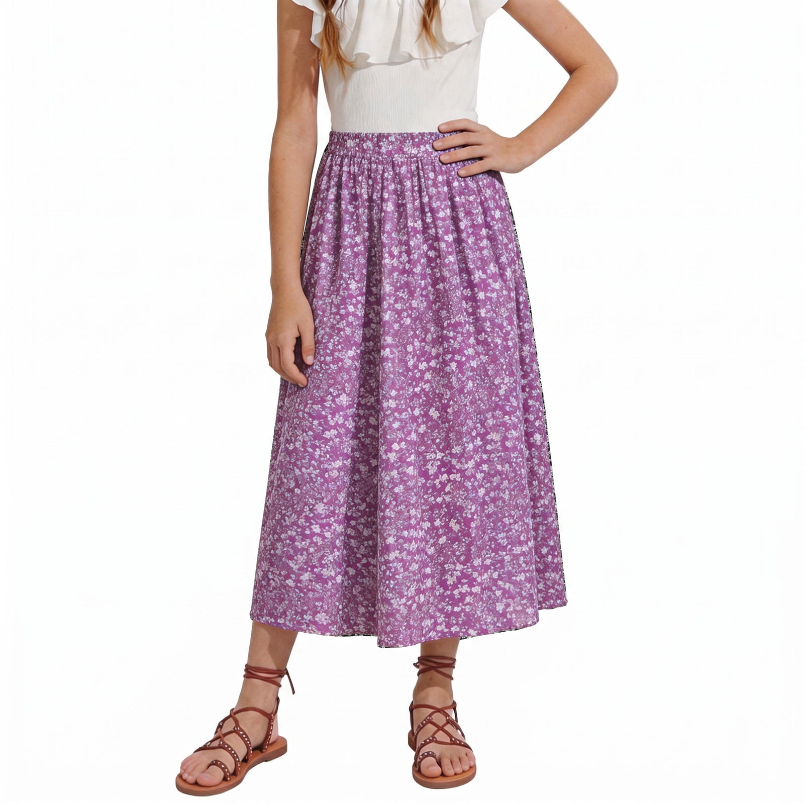 Girls' Dresses Girls Seasonal Floral Print Party Skirt Floral Print Maxi Crew Neck Sleeveless Lightweight Summer Casual Pleated Midi Skirt with Comfortable Elastic Waist Purple 13 Years-14 Years