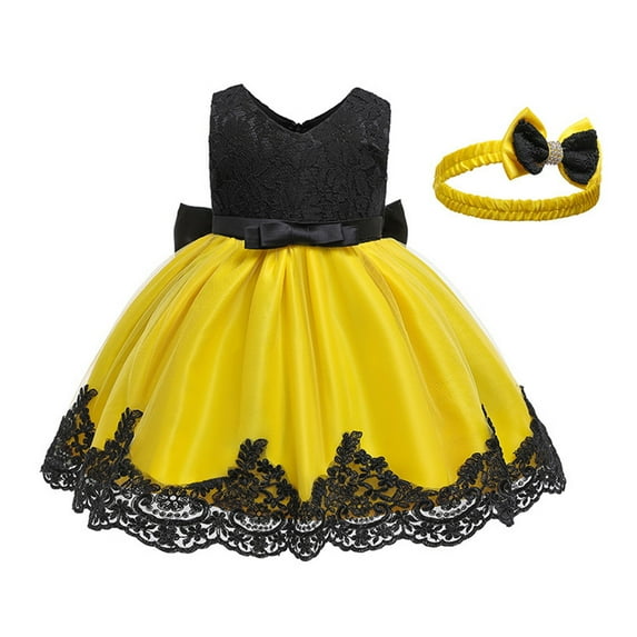 Girls Dresses Girls Summer Dress, Sleeveless Lace Tutu with Matching Bow Headband, Princess Party Sundress for Birthday & Vacation 12MYellow