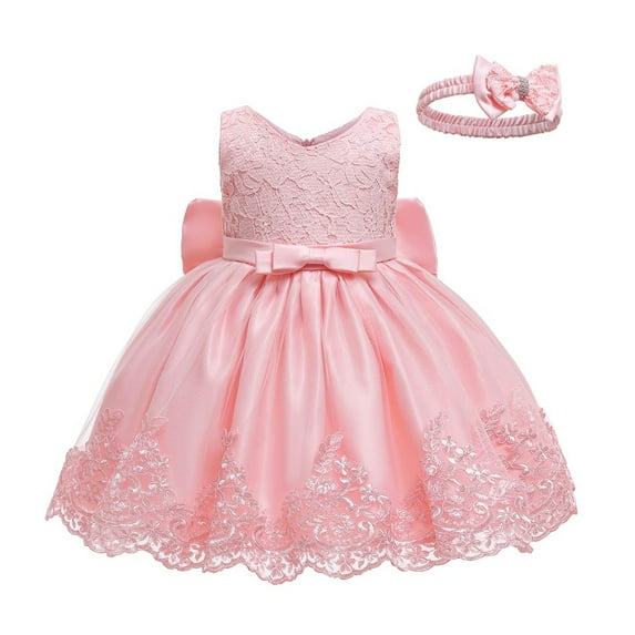 Girls Dresses Girls Summer Dress, Sleeveless Lace Tutu with Matching Bow Headband, Princess Party Sundress for Birthday & Vacation 130Pink
