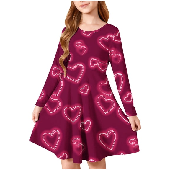 Girls' Dresses Heart Printed Long Sleeve Crewneck Casual Dress Cute Fashion Long Sleeve A Line Dress Size 4-14