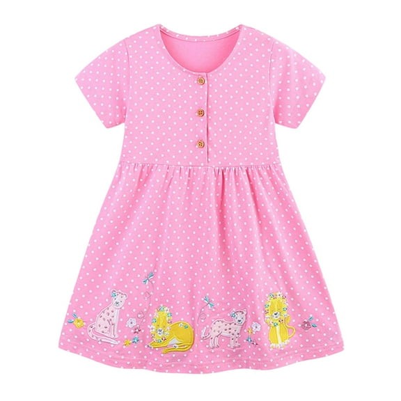 Girls' Dresses Kids Baby Girls Summer Dot Print Lion Embroidered Short Sleeve Casual Dress Baby Dress Pink 5 Years-6 Years