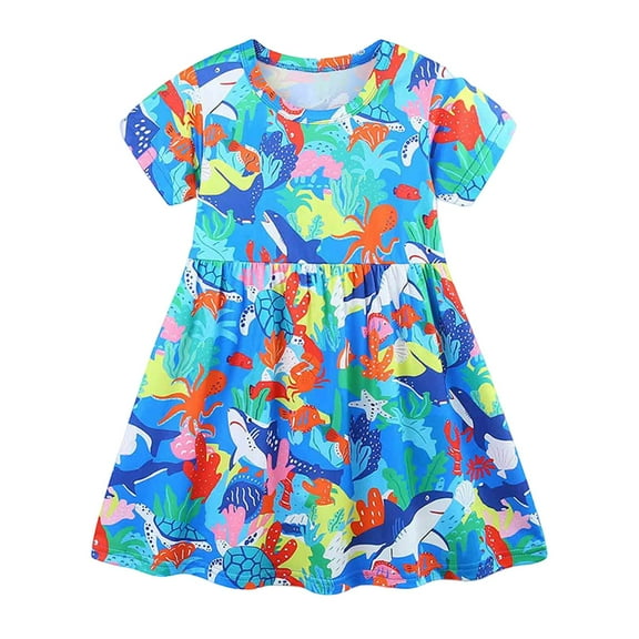 Girls Dresses Kids Baby Girls Summer Striped Print Bird Embroidered Short Sleeve Casual Dress Toddler Girl Dress Blue 7 Years-8 Years
