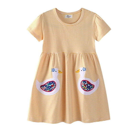 Girls' Dresses Kids Baby Girls Summer Striped Print Embroidered Short Sleeve Casual Dress Little Girl Dresses Yellow 2 Years-3 Years
