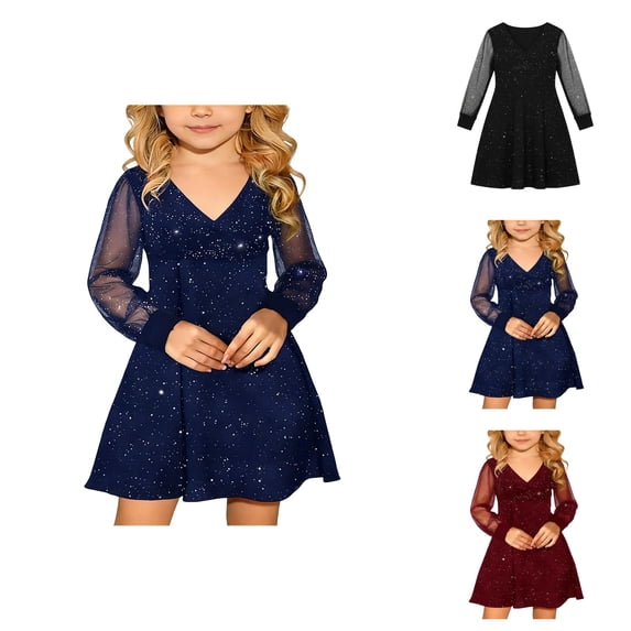 Girls' Dresses Kids Girl'S Puff Long Sleeve Mesh Casual Dress High Waist A-Line Short Dress for 4-14 Years