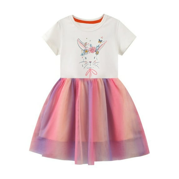Girls' Dresses Kids Girl Summer Casual Dress New Children'S Short Sleeved Bunny Prints Dress Baby Dress Pink 4 Years