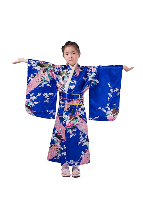 Girls Dresses Kids Girl's Japanese Traditional Robe Kimono Dress Clothes Dress for Girls Blue 6 Years-7 Years