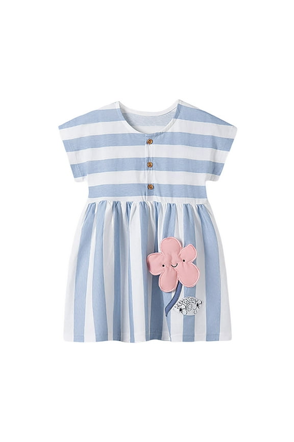Girls' Dresses Kids Girls Summer Striped Print Short Sleeve Dress Toddler Baby Cute Casual Sundress Girls Skirts Light Blue 12 Months-24 Months