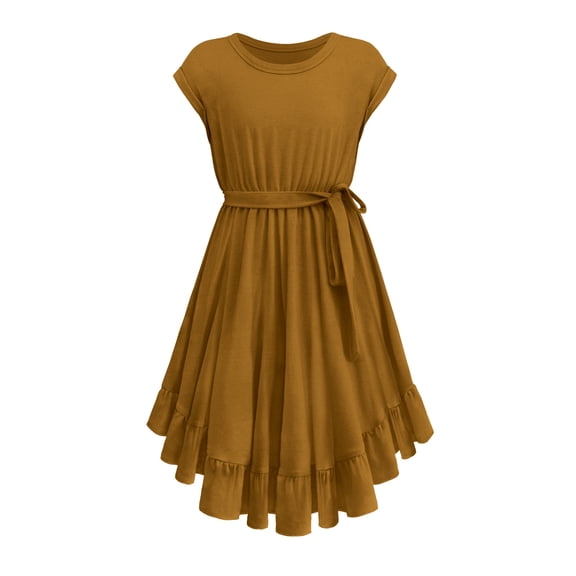 Girls Dresses Kids Little Girls Vintage Dress Solid Short Sleeve Ruffles Swing Retro Rockabilly Dresses Party Dresses Clothes Khaki 10 Years-11 Years