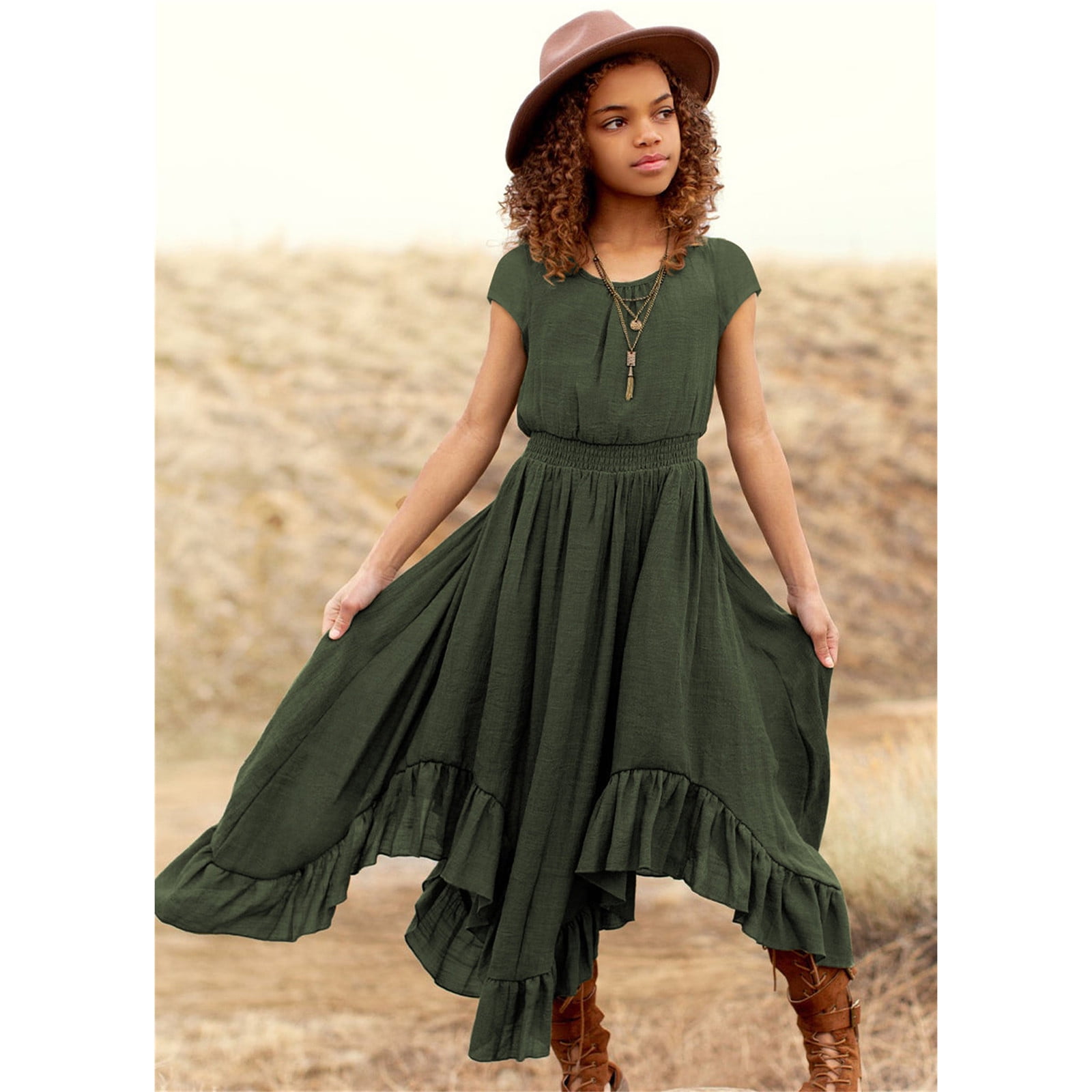 Girls Dresses Kids Little Vintage Solid Short Sleeve Swing Retro Rockabilly  7-12Y Party Irregular Clothes Dress - Walmart.com