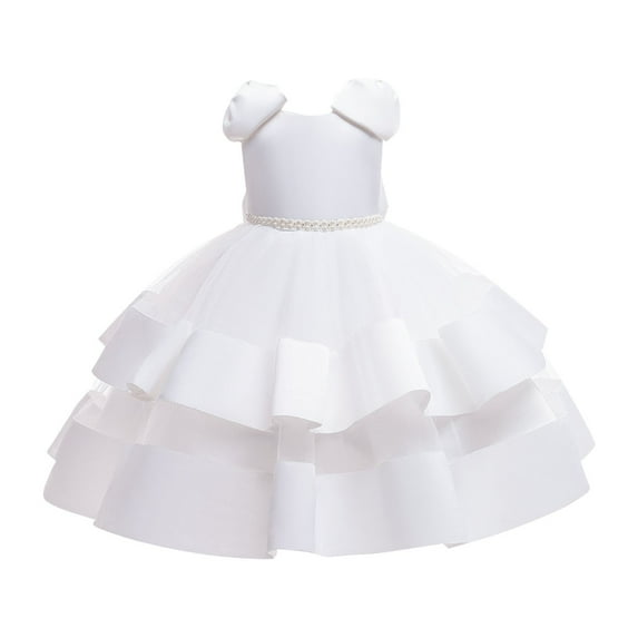 Girls Dresses Kids Princess Dress Girls Beaded Bow Knot Festival Puff Cake Dress Baby Girl Dress White 5 Years-6 Years