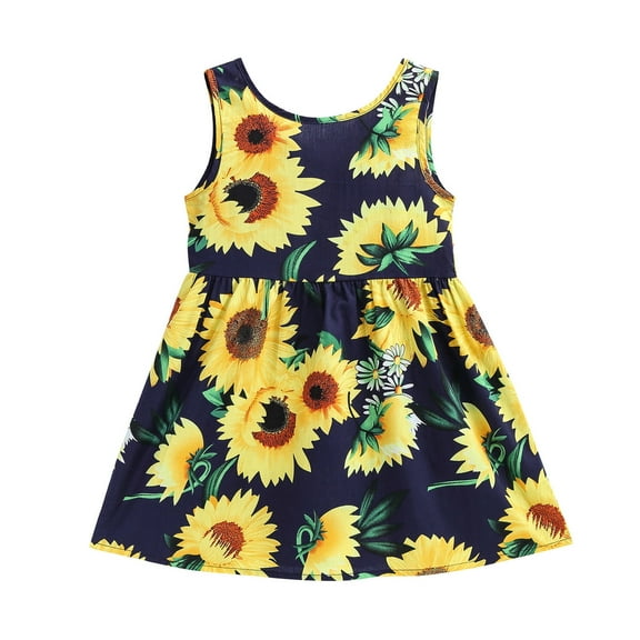 Girls' Dresses Kids Sleeveless Printed Sunflower Skirt Princess Dresses Clothes Baby Dress Blue 100 12Months-18Months