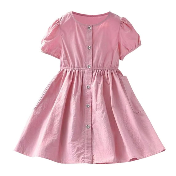 Girls' Dresses Kids Summer Short Sleeve Solid Color Shirt Dress Children Birthday Party Princess Dress Size 3 Y-4 Y