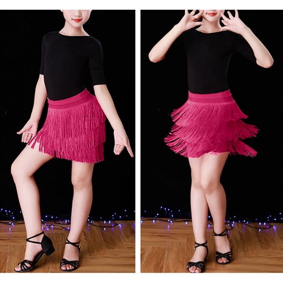 Girls' Dresses Kids Tassel Dance Skirt Latin Ballroom Layered Fringe Dancewear Skirts Girls Party Dress Hot Pink 3-4 Years