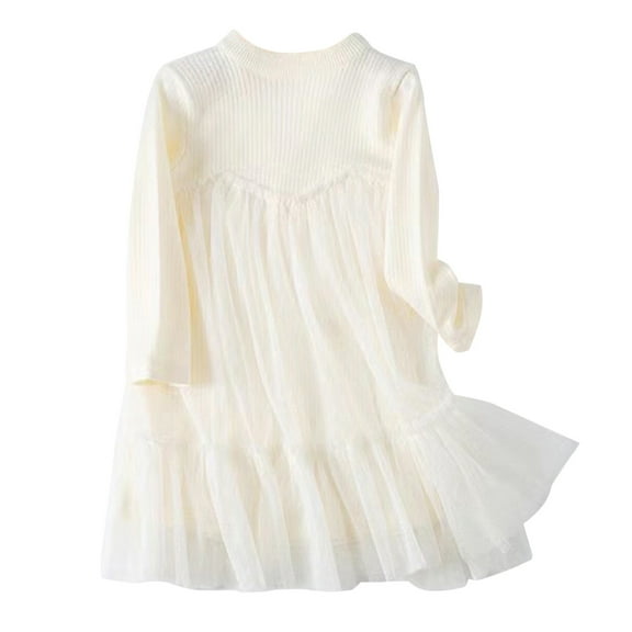Girls' Dresses Kids Toddler Baby Knit Autumn Winter Solid Tulle Long Sleeve Princess Dress 18 Months-24 Months