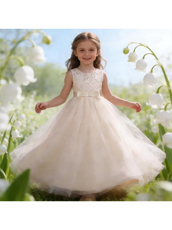 Girls Dresses With Lace Flower Girl Dress 5-16 Years Sleeveless Bow Decor Wedding Flower Girl Dress Ankle Length Fluffy Tulle Tutu Ball Gown for Pageant Prom Birthday Evening Occasions Beige