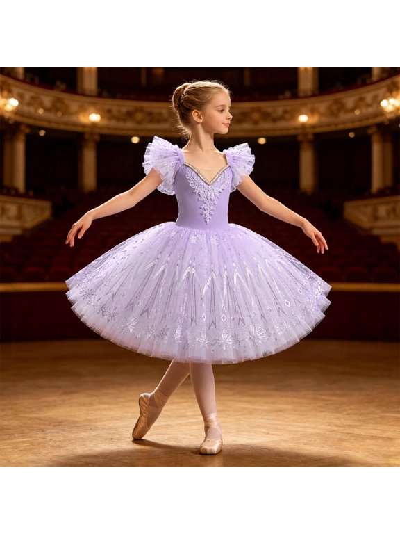 Girls Dresses Leotard Ballet Graphic Print Square Neck Sleeveless Ruffles Mesh Dresses for Dance Shows Girls Dress Purple 4 Years-5 Years