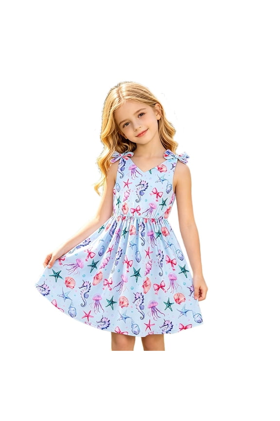 Girls' Dresses Little Big Girls Strappy Dress V Neck Sleeveless Conch Print Elegant Summer Casual Lightweight Fashionable Outfit Multicolour 9 Years-10 Years
