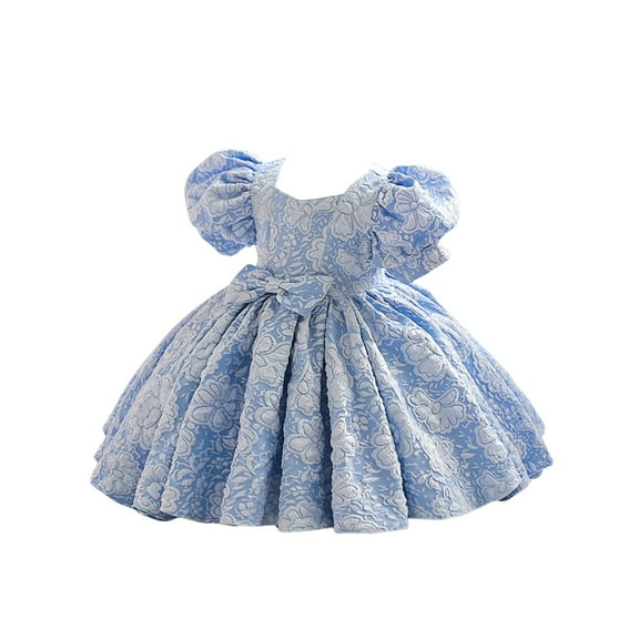 Girls Dresses Little Girl Party Dress, Trendy Puff Sleeve Design for Birthday Celebration, Elegant Flower Girl & Pageant Gown. 100Sky Blue
