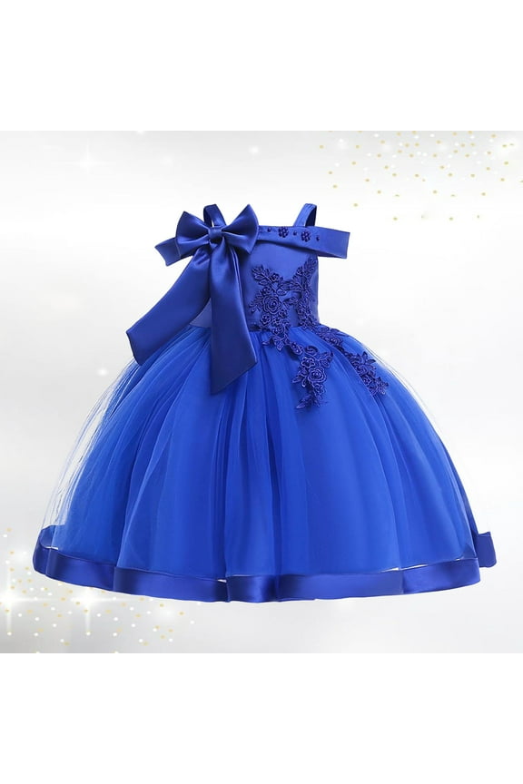 Girls Dresses for Little Girls' Off Shoulder Bow Evening Gown Princess Pageant Dress For Birthday Parties & Stage Performances Cute casual Dresses Blue 150(7-8 Years)