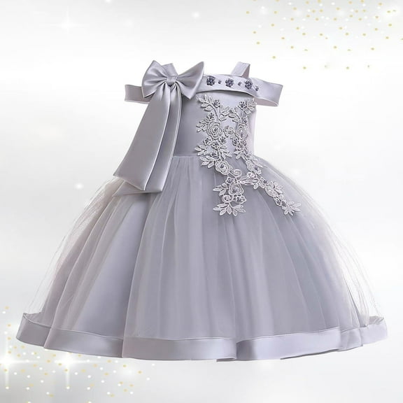 Girls Dresses for Little Girls' Off Shoulder Bow Evening Gown Princess Pageant Dress For Birthday Parties & Stage Performances Cute casual Dresses Grey 150(7-8 Years)