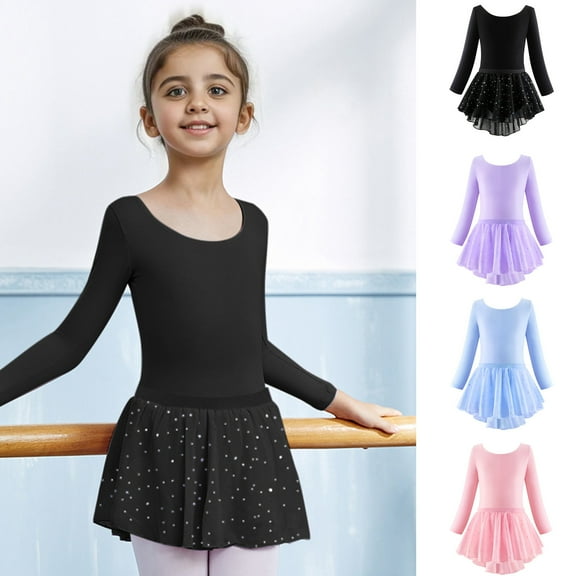 Girls Dresses Long Sleeve Ballet Skirted Leotards Solid Dance Dresses for Ballerina Girls Party Dress Black 4-5 Years
