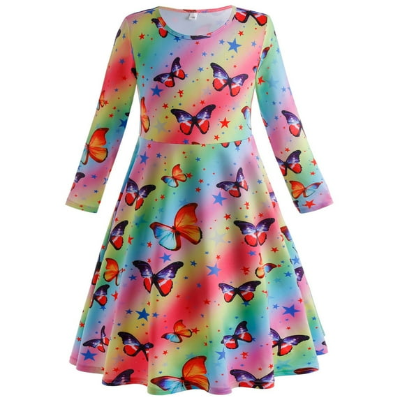 Girls Dresses Long Sleeve Casual Printed Dancing Princess Dress Party Swing Dresses for Kids 2-10 Years
