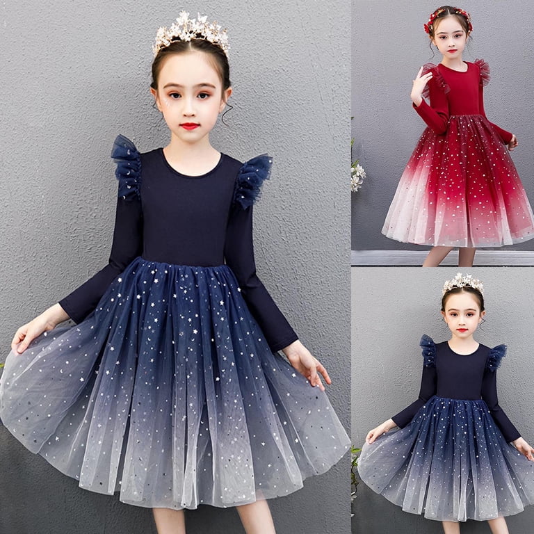 Girls Dresses Long Sleeve Galaxy Print Tulle Puffy Princess Dress Formal Party Gown for Fall Size 6-7Y