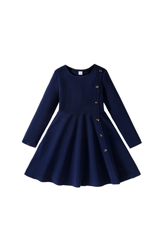 Girls Dresses Long Sleeve Side Button Casual Elegant Autumn Kids Clothing