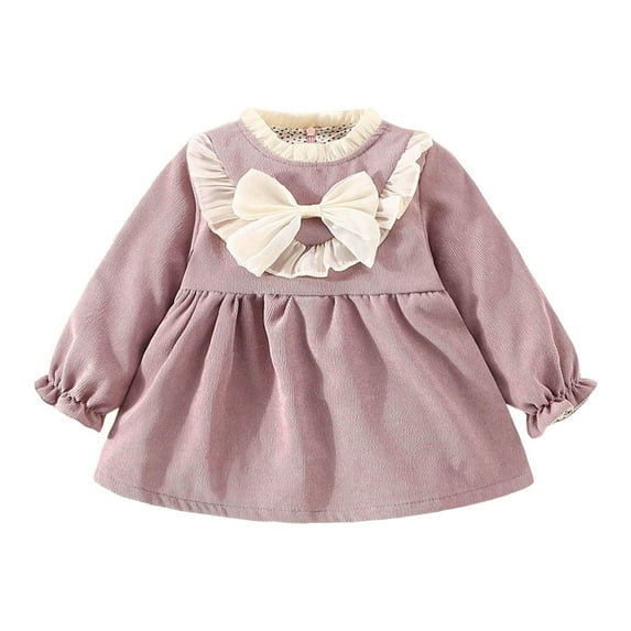 Girls Dresses Long Sleeve Solid Ruffles Dance Party Bowknot Dresses Bbay Girl Dress Purple 12 Months-18 Months