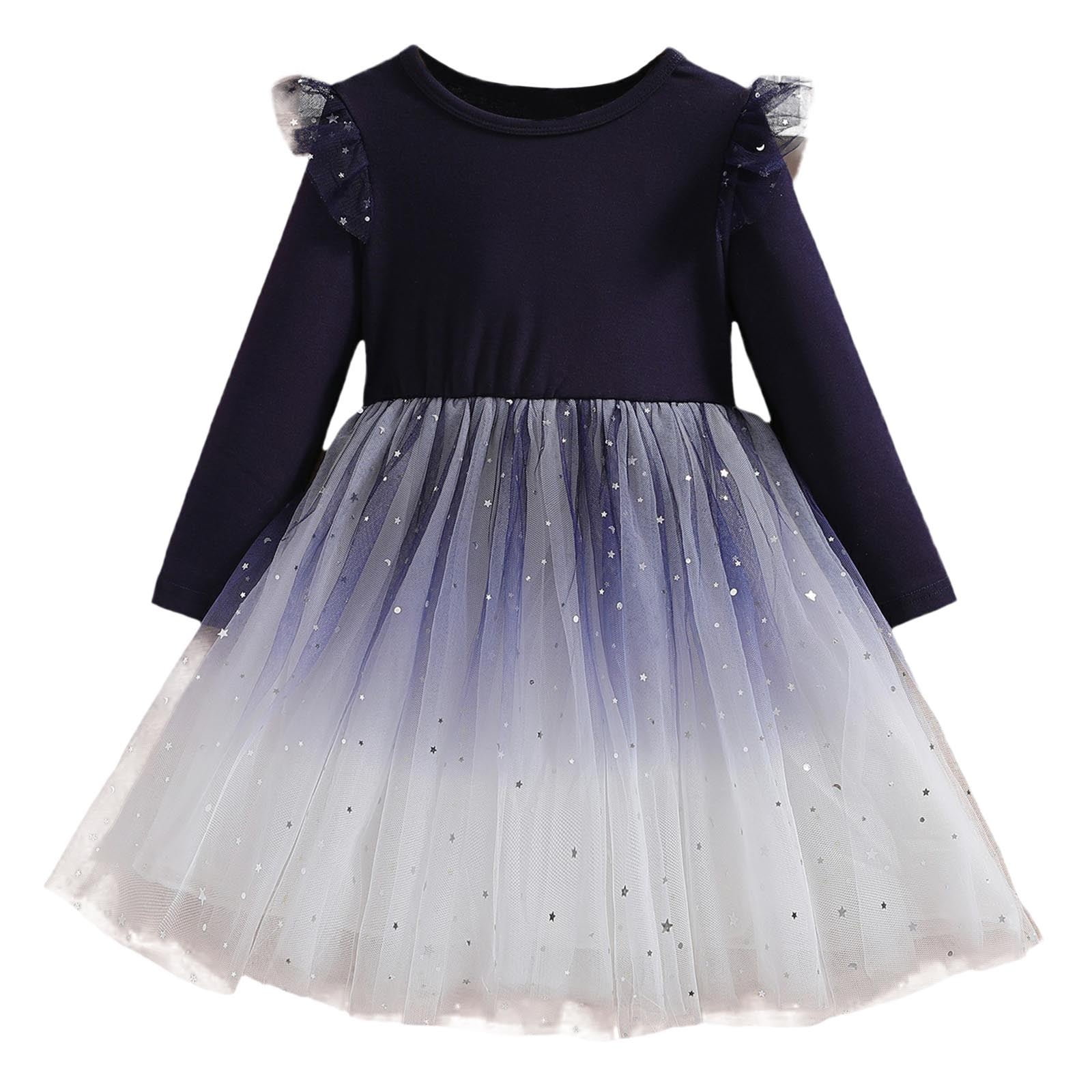 Girls Dresses Long Sleeve Starry Sequin Gradient Mesh Party Evening  Princess Dresses Toddler Dress Navy 5 Years-6 Years - Walmart.com