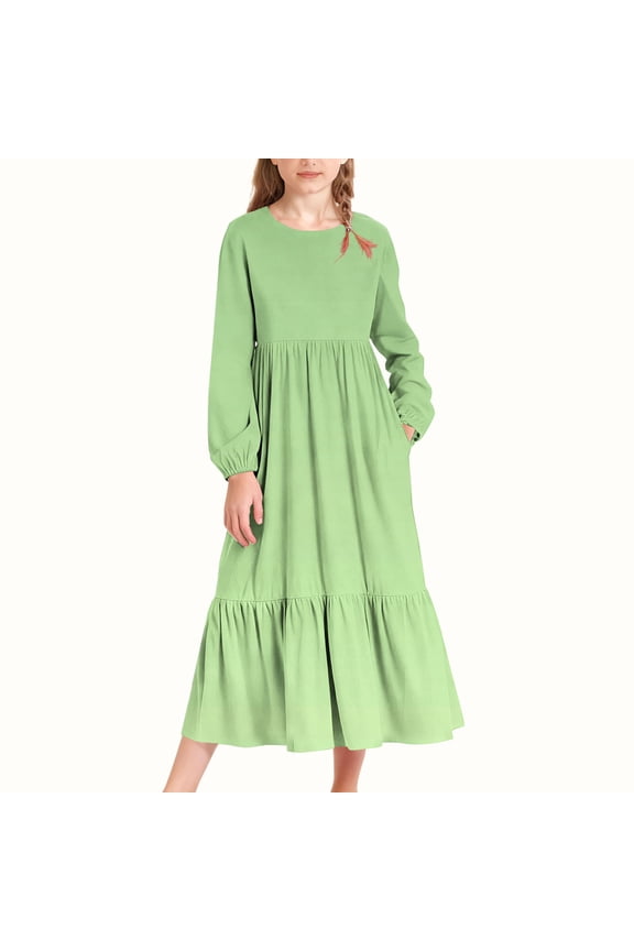 Girls Dresses Long Sleeve, Tiered Elegant Kids Party Dress, Fall Tween Girl Clothing with Side Pockets Green 4-5Years