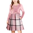 thumbnail image 1 of Girls Dresses Long Sleeve Velvet Plaid Patchwork Holiday Party Dress Round Neck Bow with Pockets, 1 of 6