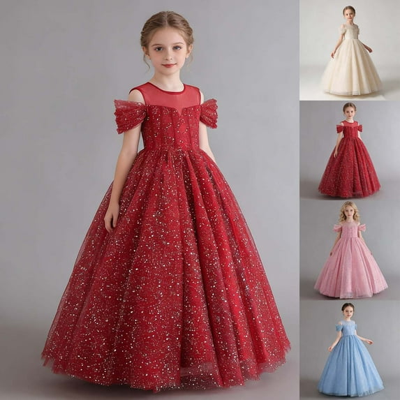 Girls Dresses Off Shoulder Party Gown Elegant Ruffled Formal Evening Pageant Dresses Dress for Girls Gold 4-5 Years