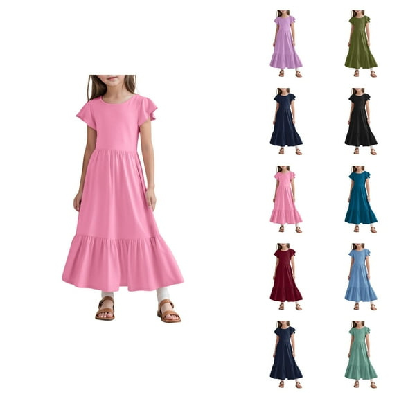 Girls Dresses Party Dresses for Girls Girls Summer Pleated Short Sleeve Round Neck Loose Casual Flowy Layered Extra Long Dress With Pockets