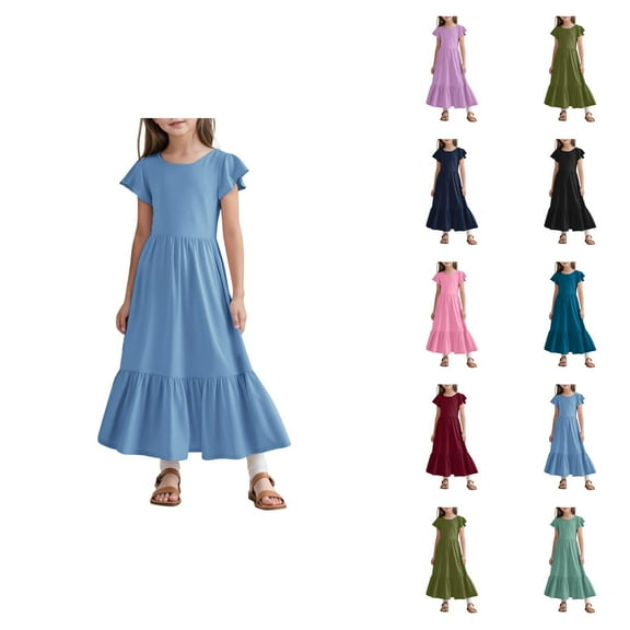 Girls Dresses Party Dresses for Girls Girls Summer Pleated Short Sleeve Round Neck Loose Casual Flowy Layered Extra Long Dress With Pockets