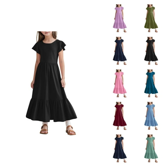 Girls Dresses Party Dresses for Girls Girls Summer Pleated Short Sleeve Round Neck Loose Casual Flowy Layered Extra Long Dress With Pockets