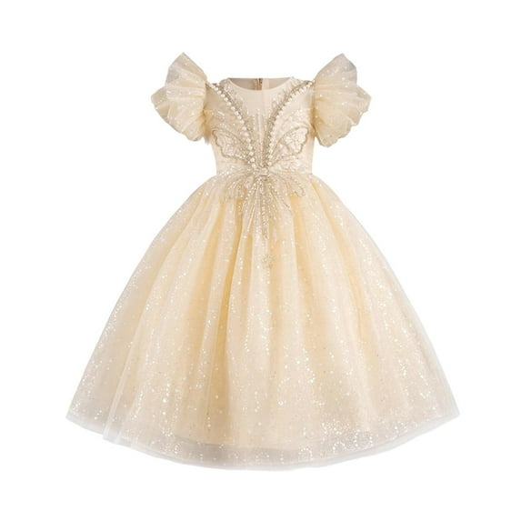 Girls' Dresses Ribbed Knit Tulle Dresses Sequin Spring Flying Sleeves Rainbow Kids Dress Beige 3-4 Years
