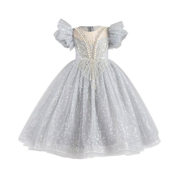 Girls' Dresses Ribbed Knit Tulle Dresses Sequin Spring Flying Sleeves Rainbow Kids Dress Gray 5-6 Years